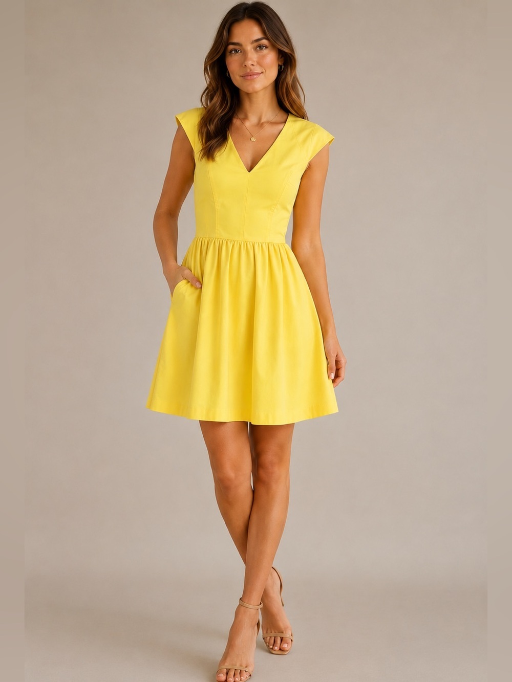 French Connection Yellow Fit & Flare Dress Size 8 V-Neck Cap Sleeve